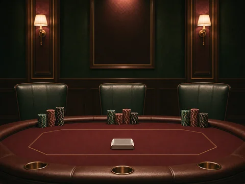 Leerer Pokertisch mit Chipstapeln und gepolsterter Lederumrandung in einem Spielbank-Raum