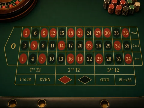 Europäisches Roulette-Layout auf grünem Filztisch mit Spielchips