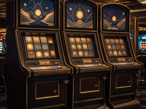 Reihe moderner Spielautomaten-Kabinen mit warm hinterleuchteten Displays in einer Spielbank