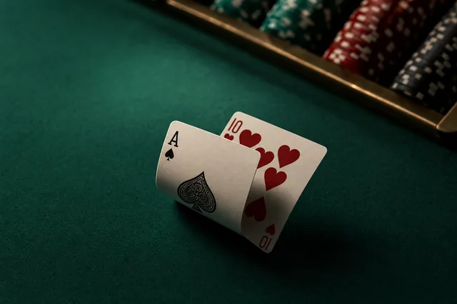 Detailaufnahme einer Blackjack-Hand mit Ass und Zehn auf grünem Filz — das visuelle Synonym für den 3:2-Auszahlung-Treffer