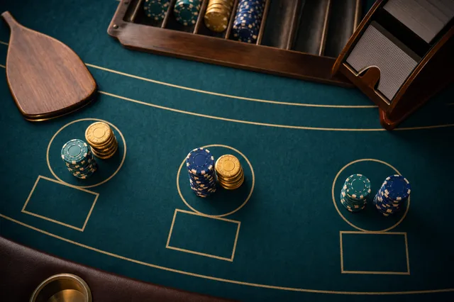 Top-down-Ansicht eines Blackjack-Betting-Layouts mit gestapelten Chips auf grünem Filz — Sinnbild für Bankroll-Management und Einsatzdisziplin