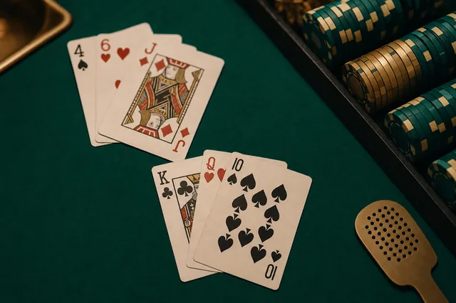 Top-down-Ansicht eines Live-Blackjack-Tisches mit aufgefächerten Karten und Chip-Stapel — Sinnbild der Dealer-Etikette und Studio-Atmosphäre