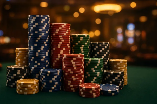Hohe Stapel von Casino-Spielchips auf einem dunkelgrünen Filztisch im warmen Casino-Licht — Sinnbild für das Bonusguthaben im deutschen GGL-Markt