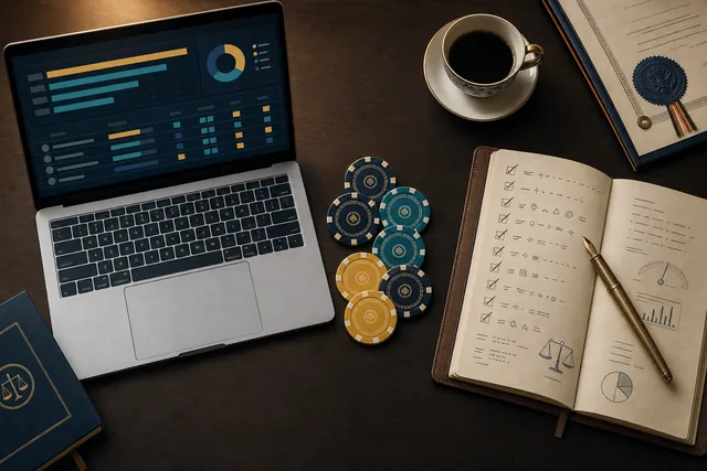 Editorial-Arbeitsplatz mit Laptop, Casino-Chips, Notizbuch und deutschem Lizenzdokument — Sinnbild der redaktionellen Anbieter-Bewertung