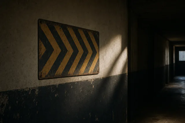 Verblasstes Warnschild mit abstrakten Chevron-Streifen in gedämpften Gelb- und Anthrazit-Tönen an einer Wand im Halbschatten — Sinnbild für die rechtliche Grauzone nicht-lizenzierter Casino-Angebote