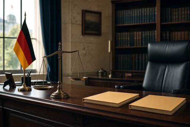 Deutsche Flagge und Justitia-Waage auf einem Schreibtisch mit zwei nebeneinanderliegenden Aktenmappen — Sinnbild für die zwei parallelen deutschen Casino-Lizenzformen