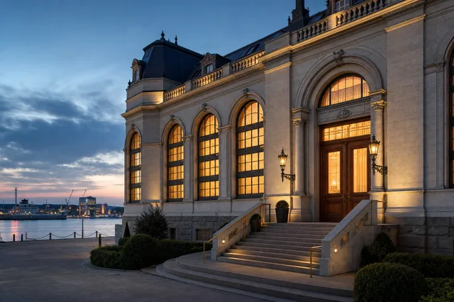 Klassizistische Fassade einer norddeutschen Spielbank im Abendlicht — Sinnbild für die traditionsreiche stationäre Casino-Kultur Schleswig-Holsteins