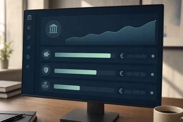 Abstraktes Finanz-Dashboard mit Fortschrittsbalken in Teal-Tönen auf einem Monitor — Symbol für die LUGAS-Echtzeit-Einzahlungsüberwachung