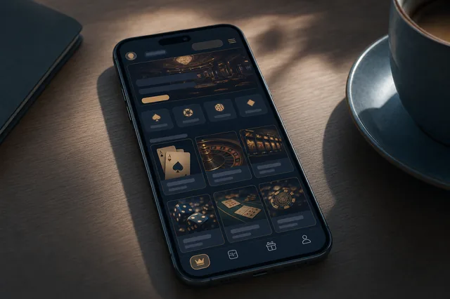 Modernes Smartphone auf einem Holzschreibtisch zeigt ein abstraktes Casino-Lobby-Interface mit Game-Tile-Platzhaltern — Sinnbild für die mobile-web Casino-Erfahrung als PWA