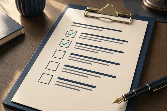 Klemmbrett mit einer Bewertungs-Checkliste, zwei Häkchen in Teal-Tinte und einem Füllfederhalter — Sinnbild für die mehrstufige Test-Sequenz neuer GGL-Anbieter