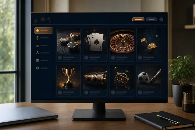 Moderner Flachbild-Monitor zeigt ein abstraktes Casino-Lobby-Interface in gedämpften Navy- und Amber-Tönen — Sinnbild für den Launch eines frisch GGL-lizenzierten Anbieters