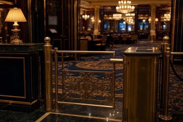 Brass-Drehkreuz am Eingang einer Spielbank in Abendlicht — Symbol für die OASIS-Sperrabfrage am physischen Casino-Zutritt
