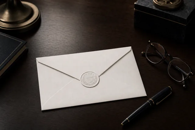 Weißer Umschlag mit Siegel-Embossing auf einem dunklen Holzschreibtisch neben einer Lesebrille — Sinnbild für die unaufgefordert gutgeschriebene No-Deposit-Bonus-Position