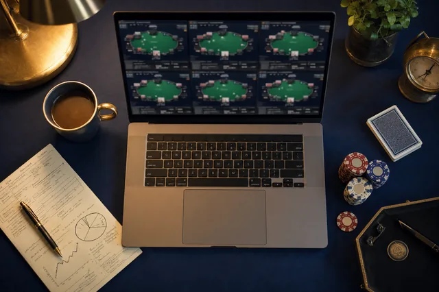 Multi-Table-Workspace mit Pokerlobby auf Laptop, handschriftlichen Bankroll-Notizen, Karten und Chips — Sinnbild für seriöses Cash-Game-Setup