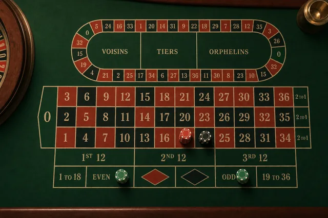 Top-down-Ansicht eines französischen Roulette-Layouts mit Racetrack für Voisins/Tiers/Orphelins und Chip-Stacks auf Außenwetten