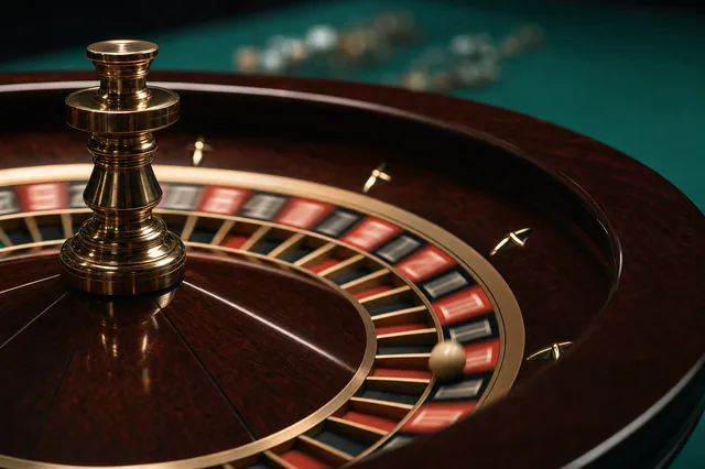 Detailaufnahme eines Roulette-Kessels mit polierter Mahagoni-Bahn und Messing-Spindeln — Sinnbild für SH-lizenzierte Live-Tische
