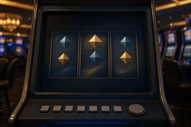 Pausierter Slot-Maschinen-Bildschirm mit drei eingefrorenen Symbol-Panels und inaktivem Spin-Knopf — Sinnbild für die regulierte Spin-Wartezeit