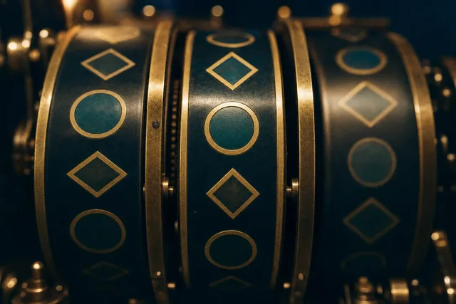 Mechanische Slot-Walzen-Detailaufnahme — Sinnbild der präzisen Spielmechanik hinter GGL-lizenzierten virtuellen Spielautomaten