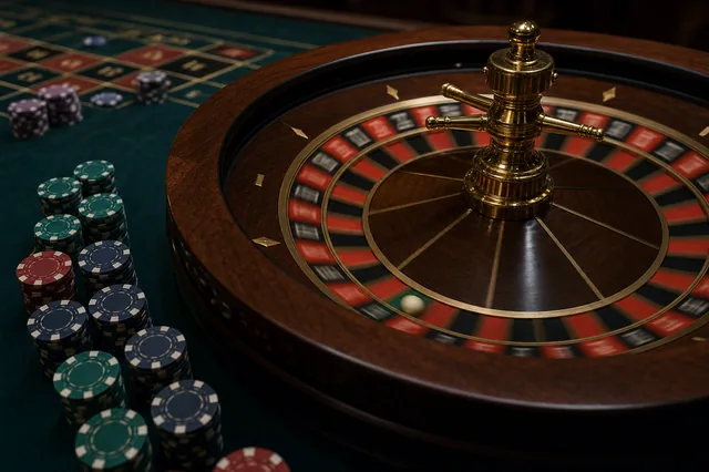 Roulette-Kessel im Spin auf dunkelgrünem Filztisch mit gestapelten Spielchips — Detail einer Spielbank-Tischspiel-Szene