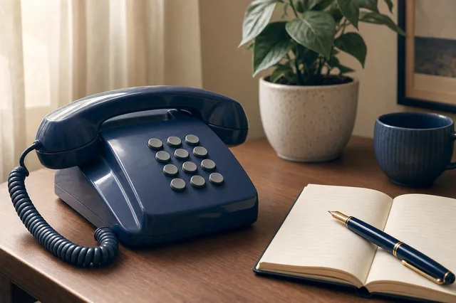 Klassisches Tischtelefon auf einem ruhigen Holzschreibtisch in warmem Tageslicht — Sinnbild für die niedrigschwellige BZgA-Hotline-Beratung