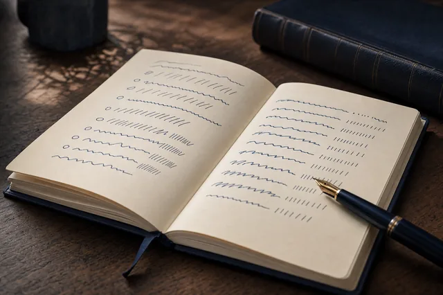 Offenes Notizbuch mit handschriftlichen Notizen auf einem Holzschreibtisch in weichem Tageslicht — Sinnbild für die persönliche Reflexion über das eigene Spielverhalten