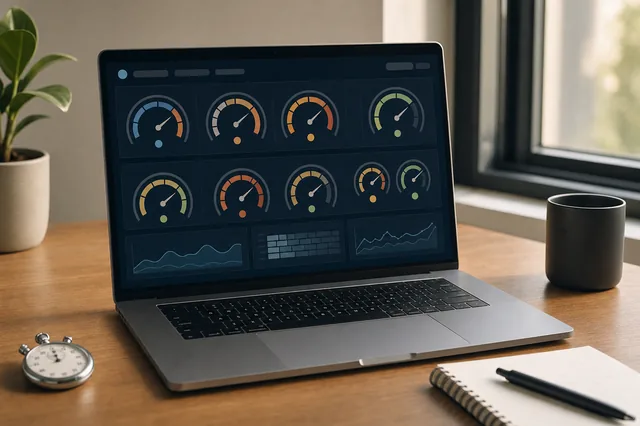 Aufgeklappter Laptop auf einem sauberen Holzschreibtisch zeigt ein abstraktes Performance-Dashboard — Sinnbild für die strukturierte Anbieter-Test-Sequenz