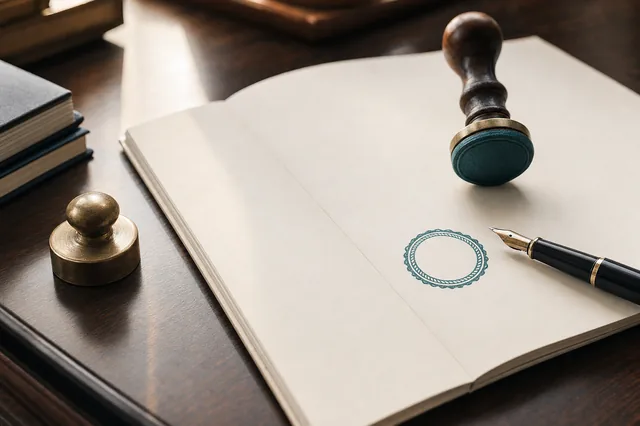 Offenes Dokument mit Genehmigungsstempel auf einem Schreibtisch — Sinnbild für die formale Werbekennzeichnung nach § 5a UWG