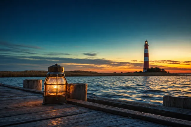 Baltische Küste Schleswig-Holsteins in goldenem Abendlicht — Holzsteg, Laterne und Leuchtturm-Silhouette als visuelle Klammer für den deutschen Casino-Markt